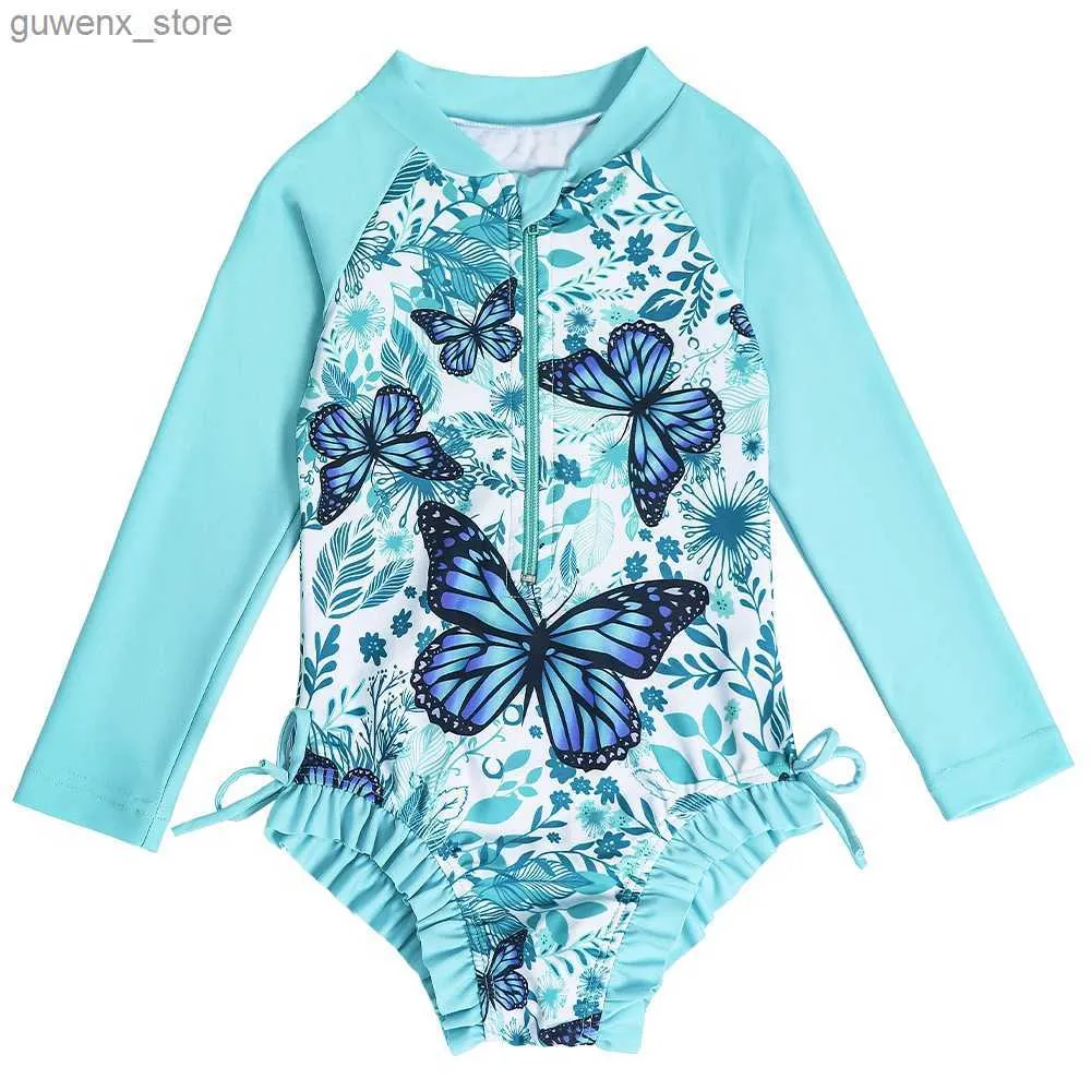 Jednoczęściowy strój kąpielowy dziewczęta z długim rękawem Motyl Design Hawaiian Swimsuit One Piece Szybkie suszenie stroju kąpielowego Y240412