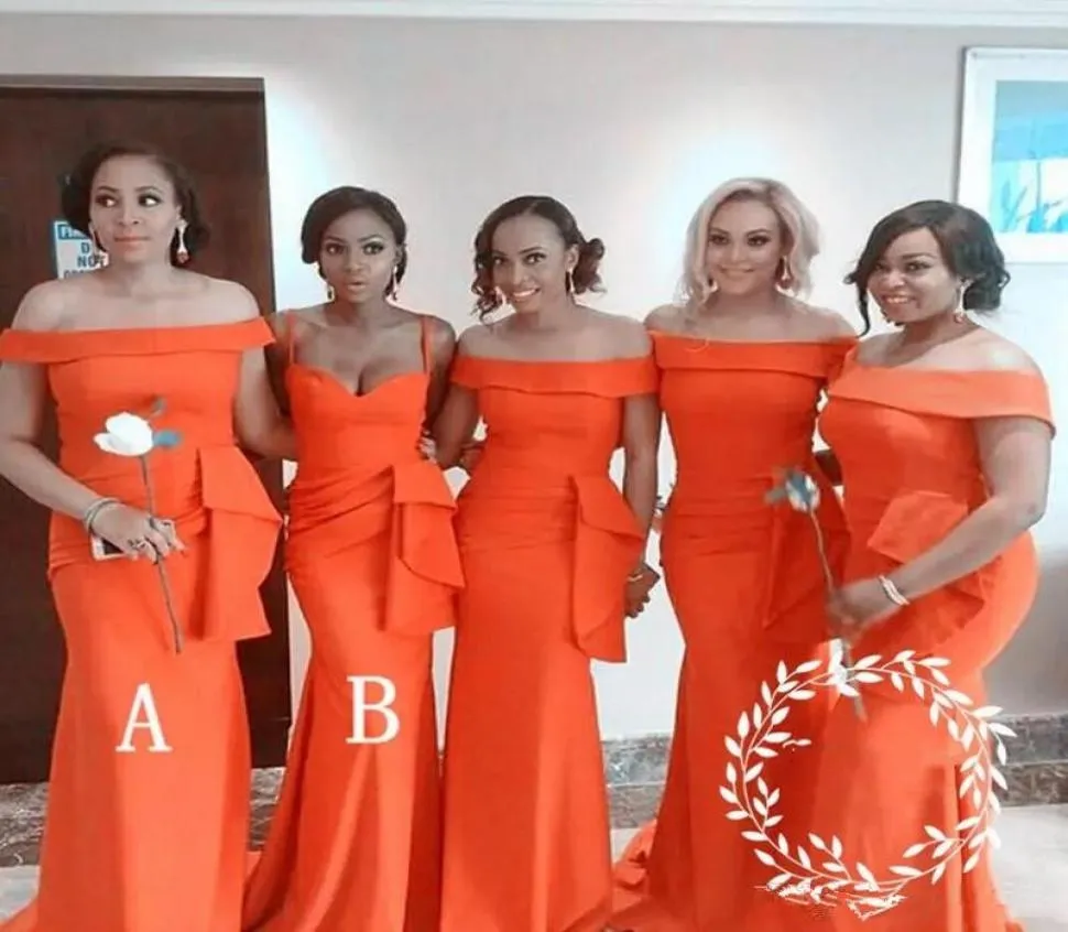 Orange Mermaid Bridesmaid Dresses Plus Size Off The Shoulder Satin Maid Of Honor Dress Peplum Pleats Women Wedding Party Dress Flo9226070