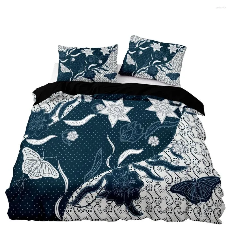 Sängkläder set chinoiserie täcke täcker kvalitet mjuk uppsättning med örngottblått och vitt sömmönster för dubbel tvillingstorlek