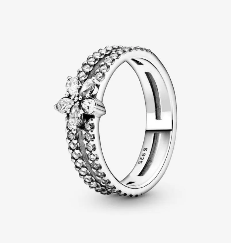 100 925 Sterling Silver Sparkling Snowflake dubbele ring voor vrouwen trouwringen mode verloving sieraden accessoires6043248