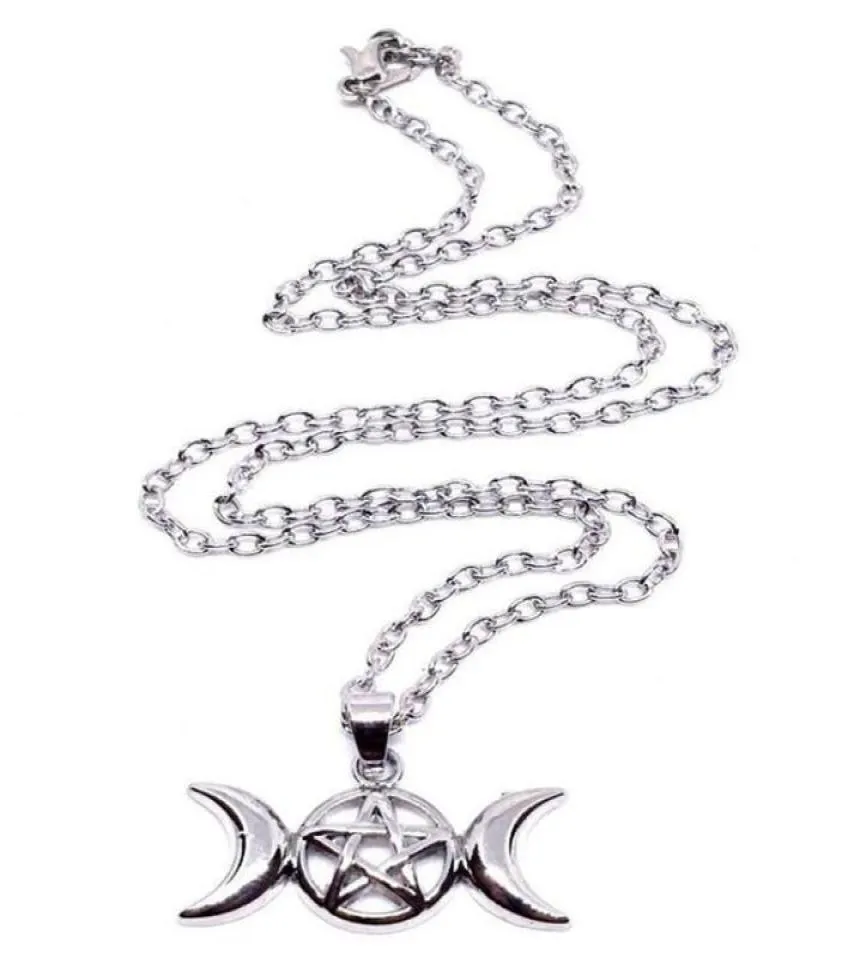 Triple Moon Wiccan Pentacle Necklace Pendant Vintage Silver Alloy Gothic Collares Statement Necklace Women Fashion Jewelry Goddess3554376