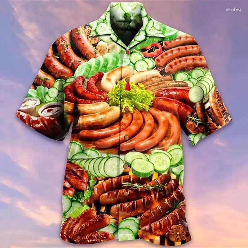 Men's Casual Shirts Hawaiian Guitar And Music Shirt Summer Food Print Cuban Lapel Comfort Vacation Breathable Short Sleeve