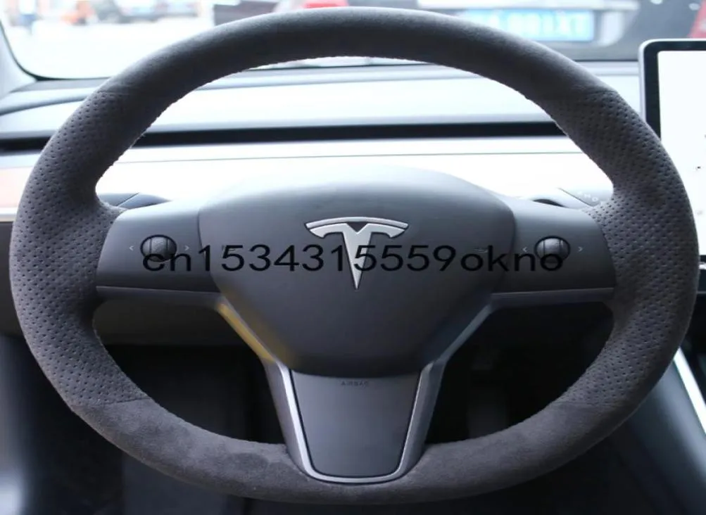 DIY Hand Sewing Stitching Steering Wheel Handle Cover For Tesla Model 3 S X Y Black Suede Car Accessories3725775