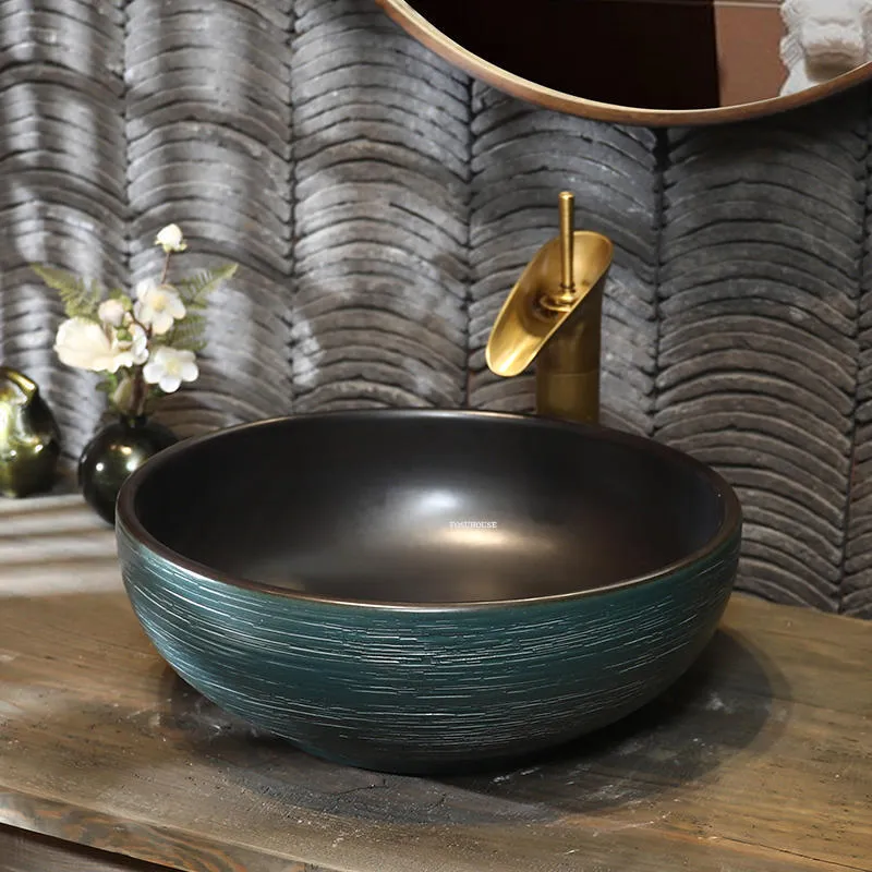 GLOBAOSALU Marbling Small Vessel Sink With Black Faucet And