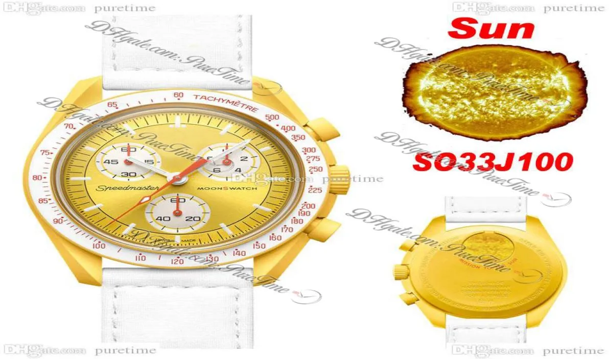 Bioceramic Moon Swiss Quqrtz Chronograph MENS Watch SO33J100 Mission to Sun 42mm cingolio in nylon bianco in ceramica giallo reale con box super edizione puretime i99895374