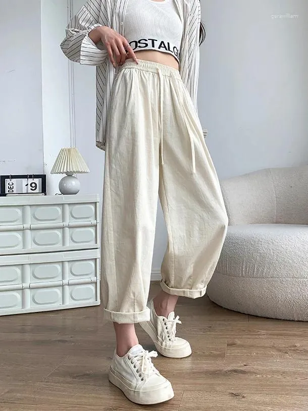 Women's Pants Pure Cotton Cargo 2024 Autumn Elastic Waist Wide Leg Trousers Baggy Capri Harem For Women Straight Slacks