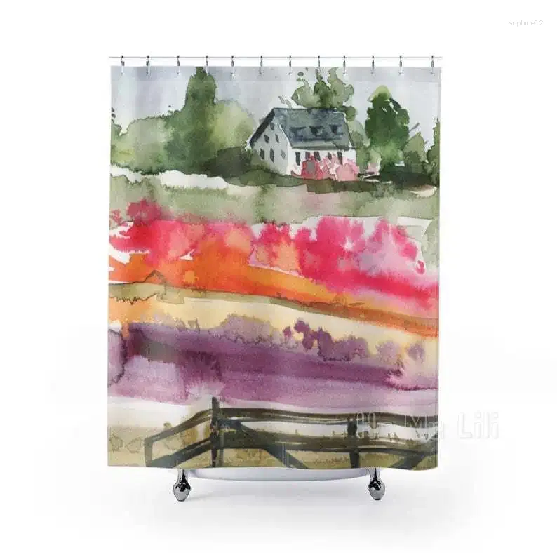 Shower Curtains Abstract Boho Green Farmhouse Ranch Fir Sprucetrees Orange Purple Landscape Watercolor