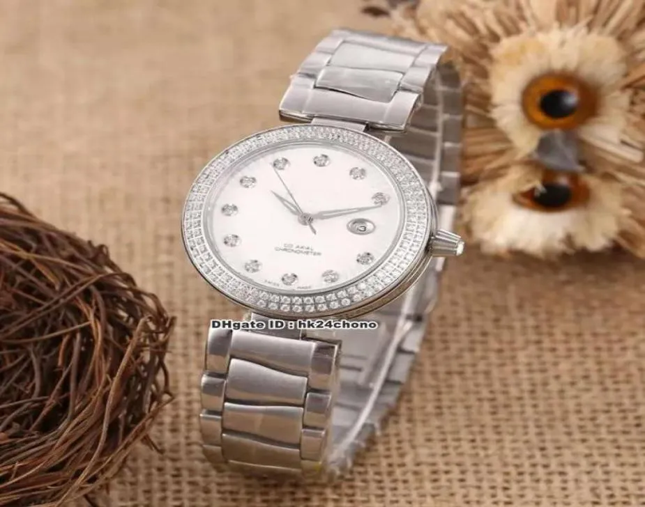 11 Style ladymatische 34 mm kwarts Watch Diamants Bezel witte wijzerplaat roestvrijstalen armband dames horloges Okom61B6122617