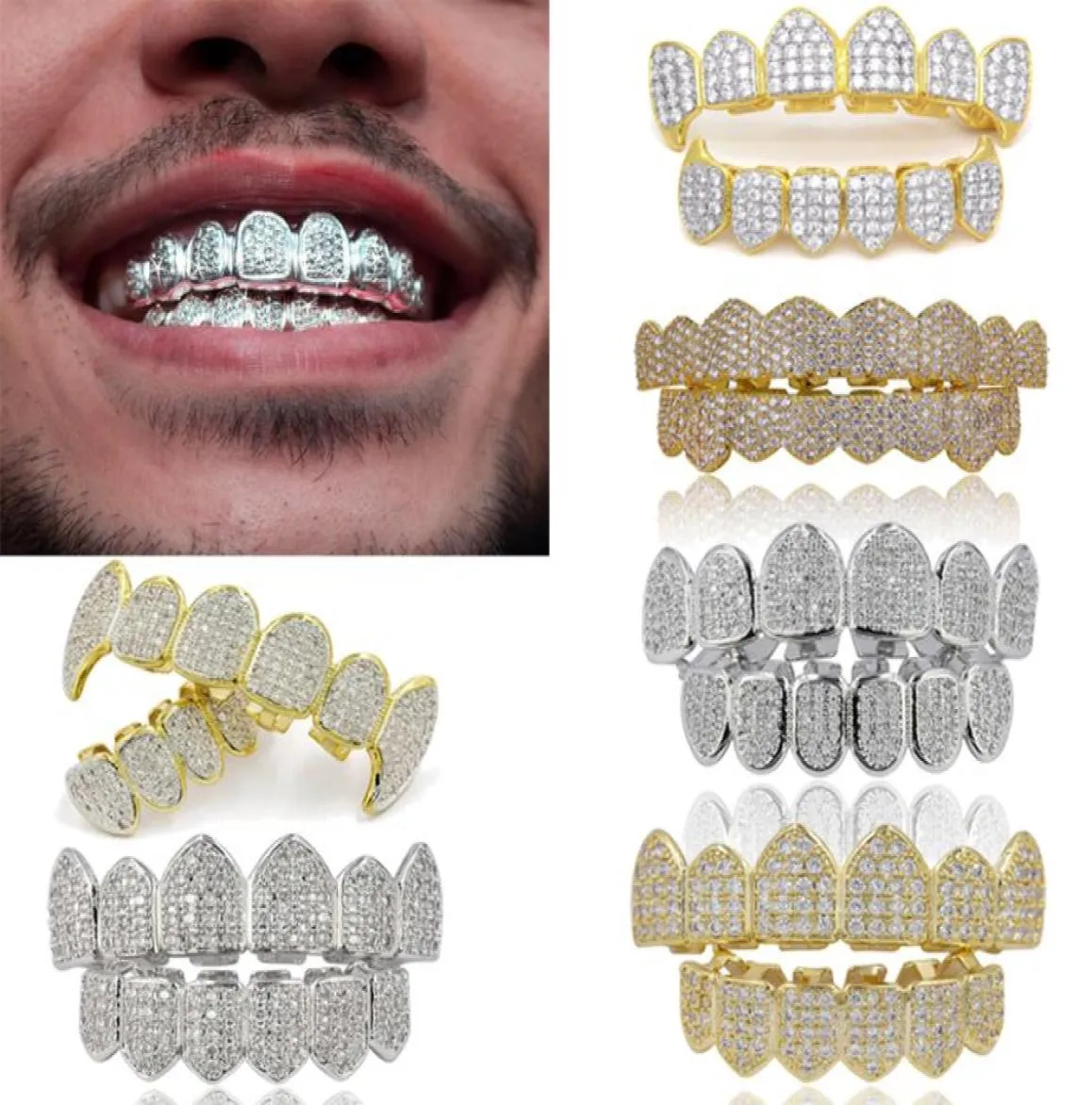 18K Real Gold Punk Hiphop Dental Mouth Grillz Braces Bling Cubic Zircon Rock Vampire Teeth Fang Grills Braces Tooth Cap Rapper Jew2424834