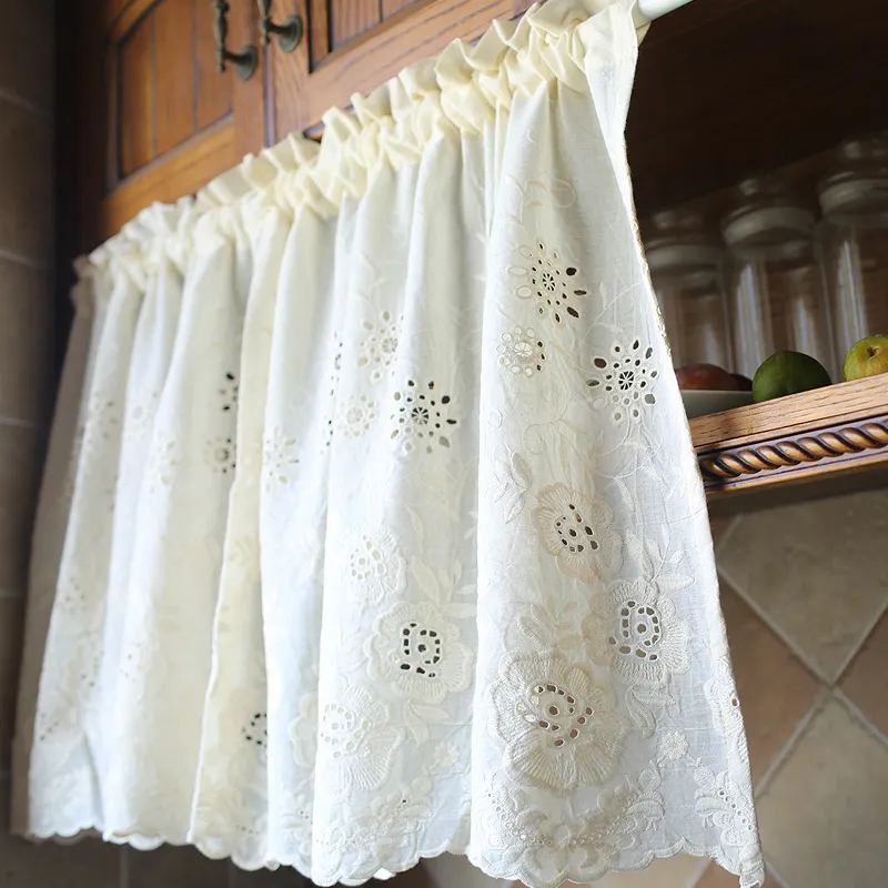 Wit Lace Valance Vintage Sheer Cafe Window Gordijn Korte bloemen geborduurd voor keukenkast woonkamer eetkamer en badkamer