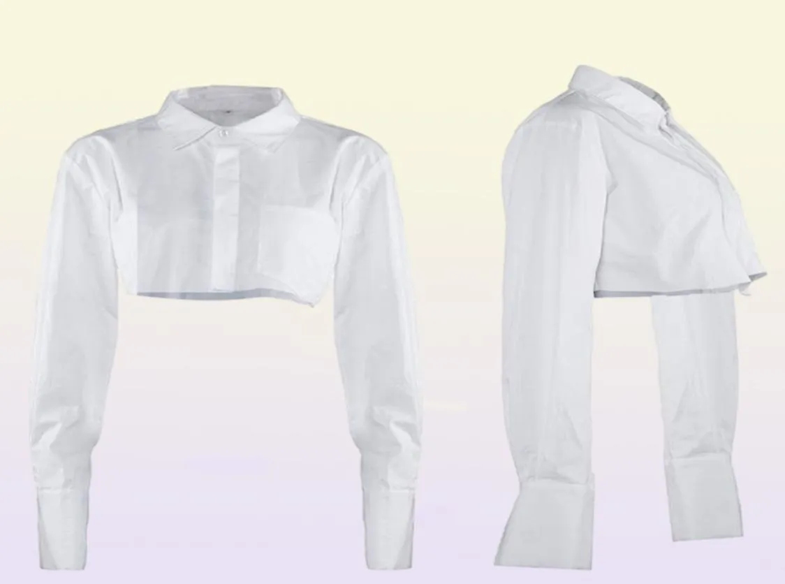 Women039s camicette camicie top bianco ritagliato Donne girare collare a manica lunga camicia corta tasca da tasca in cotone singolo BREASTE7011243