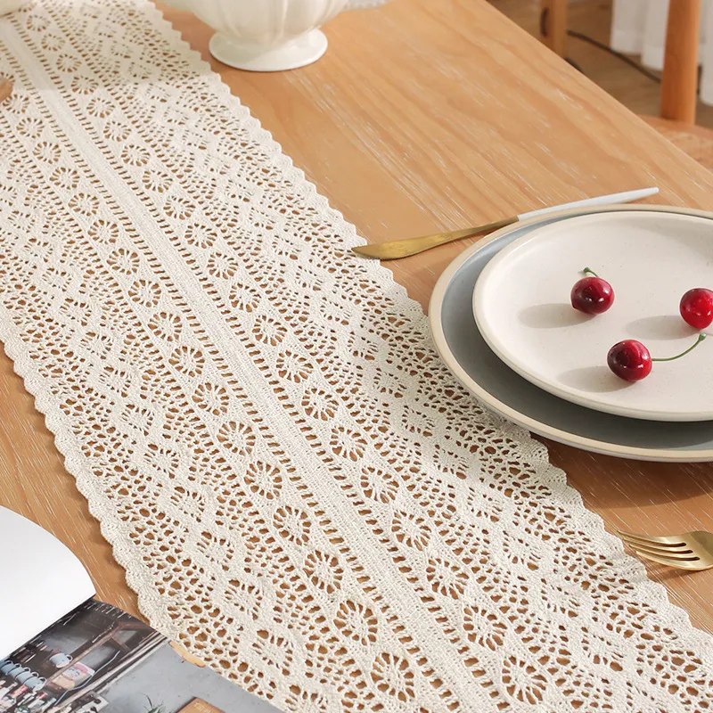 Boho Beige Table Runner, Vintage Farmhouse Bohemian Crochet Macrame Table Runner for Wedding Party Coffee Dining Table Decor