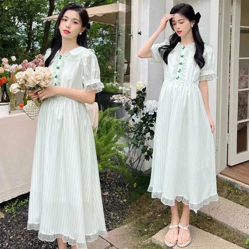 Maternity Dresses Mesh Patchwork Peter Pan Collar Short Sleeve Pregnant Woman Elegant Dress Removeable Bowknot Belt Maternity Party Dress Green 240412