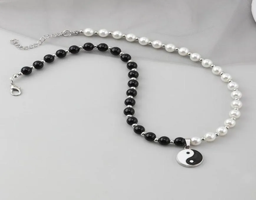 Chokers runda pärlpärlor yin yang taichi hänge rostfritt stål kedja unisex halsband par smycken kvinnor mens2548217