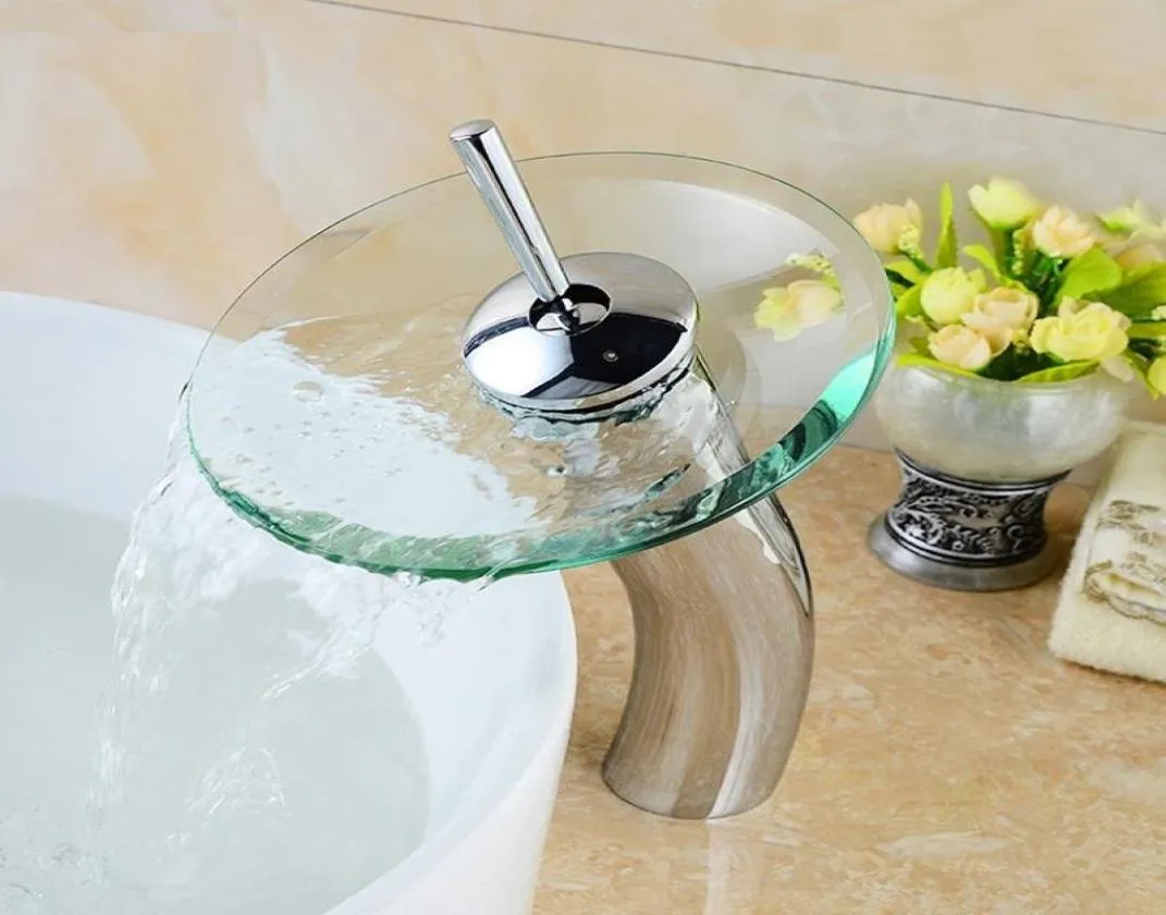Robinets de lavabo de salle de bain robinet cascade chromé mélangeur en verre élevé finition finition bassin1951046