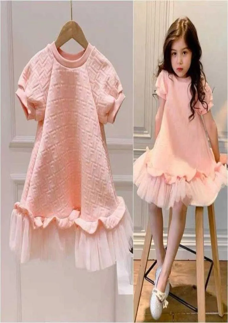 Children039s Pink Casual Skirt Luxury Designer Brand Fashion Dress Girls Net Yarn Shortsleeved Princess Dress for Kids Q07167155567