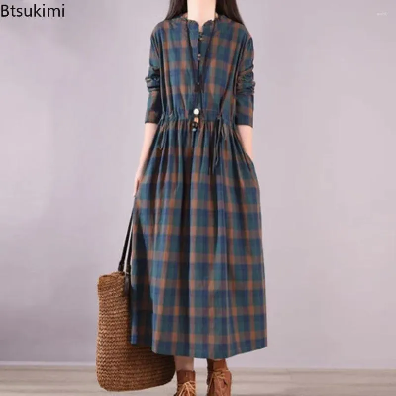 Lässige Kleider Fashion Vintage Tailliertes langes Kleid für Frauen bequeme Ärmel Plaid Cotton Leinen Schnürung Maxi weibliche Vestidos Robe