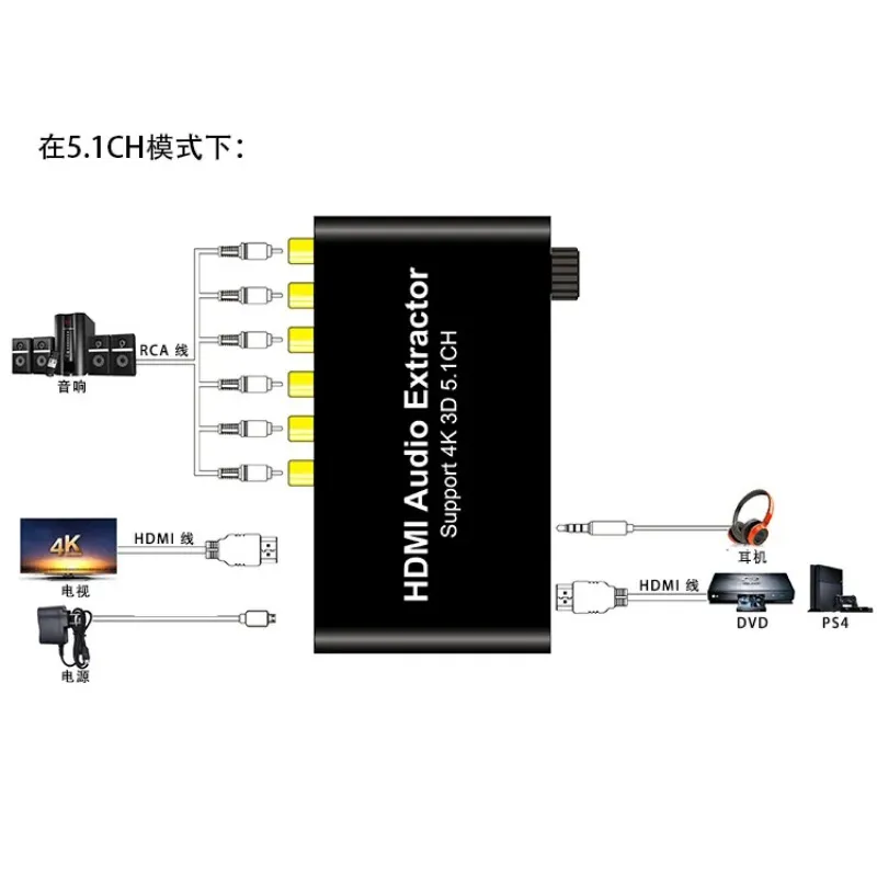 Nuevo 2024 4K 5.1CH HDMI Audio Extractor Decode Coaxial a RCA AC3/DST a 5.1 Converter analógico amplificador para PS4 DVD reproductor HDTV para PS4 DVD