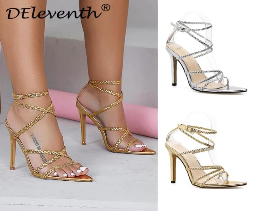 Womans Gold High Heels Shoes European and Americanstyle Crosswoven Strap Pointy Sandals Silver Large Size Shoes9003877