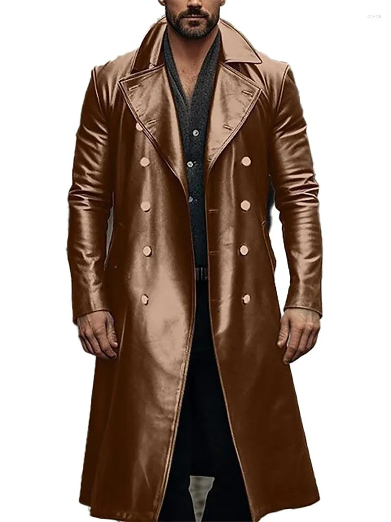 Mens Leather Trench Coat Spring Autumn Long Windbreaker