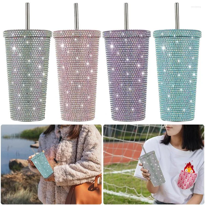 Water Bottles 500ml Insulated Bottle Sparkling Rhinestone Mug Straw Cup 304 Stainless Steel For Hiking Climbing Camping