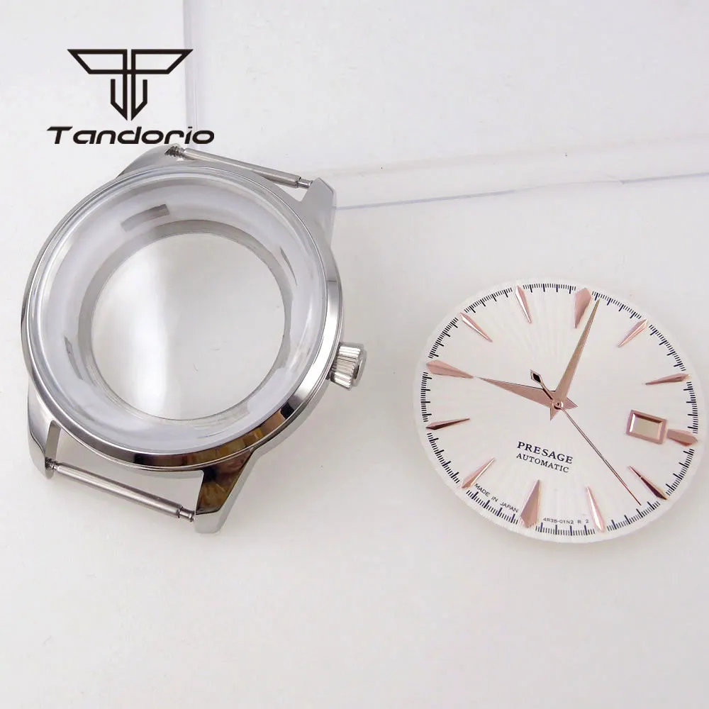 40 mm Silver Watch Case doorzichtige transparante rug duw/trek Crown 35 mm wijzerplaat Handen passen NH34 NH35 NH36 NH38 Automatische beweging