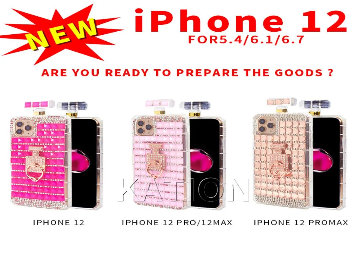 الحالات الهاتفية ذات الخاتم الماسي الفاخر لـ iPhone 12 Pro Max 11 XS XR 7Plus Perfume Bottle Stand Lanyard Rhinestone Mobile Cover9008462