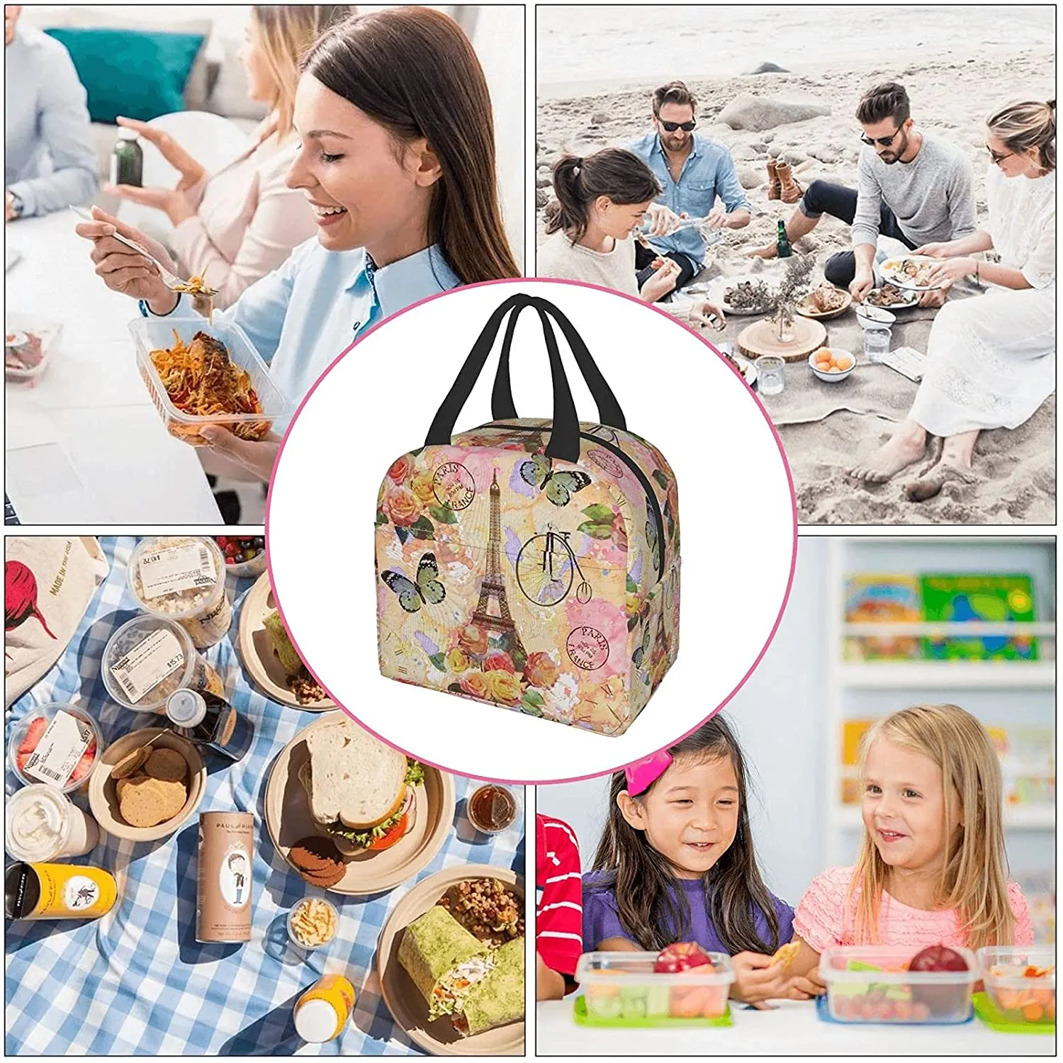 Paris Eiffel Tower Tower Butterfly and Flowers Lunch Borse Compact Bag Contenitore riutilizzabile il pranzo le donne Office School Office Work