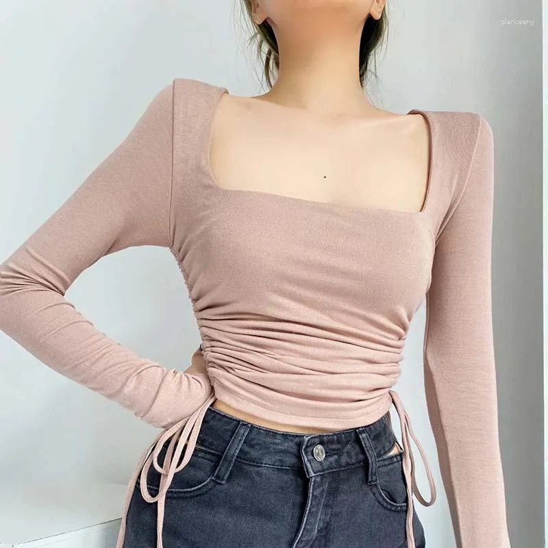 Women's T Shirts Fashion Square Cut Collar Stretch Long Sleeve T-shirt Top Drawstring