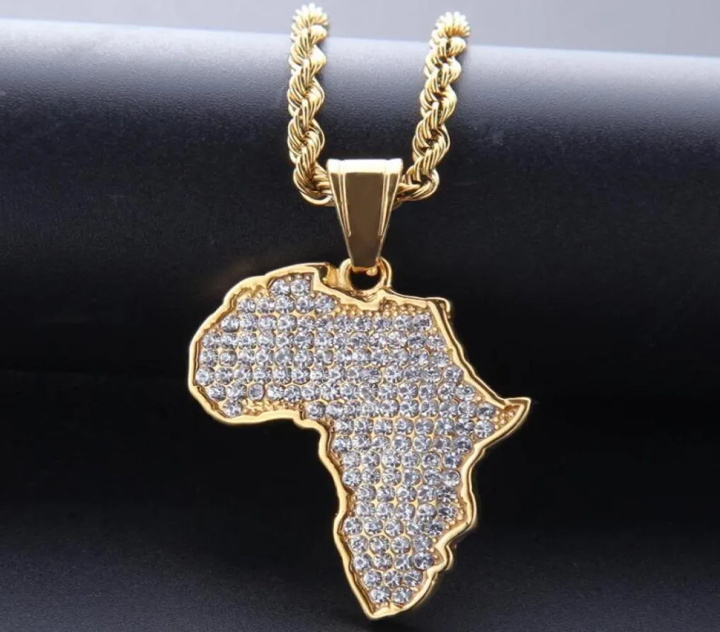 Hip Hop African Maps Full Bohrer Anhänger Halsketten 14kk Gold plattiert Set Auger Kristall Edelstahl Halskette Frauen Frauen Schmuck G5365649
