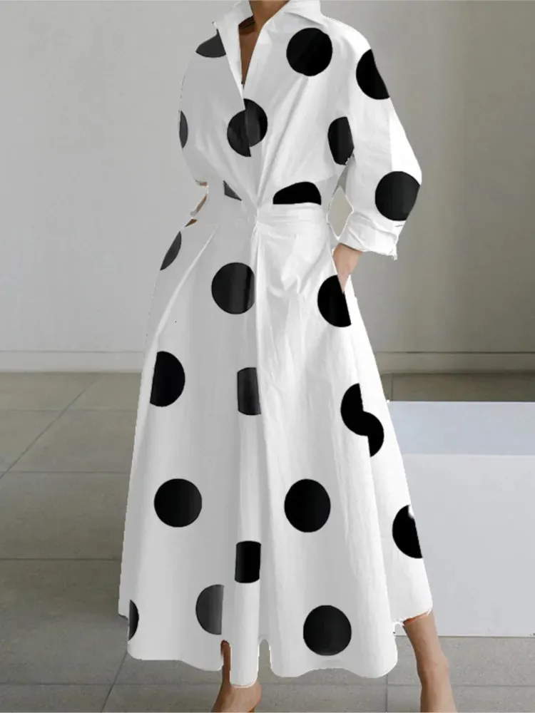 Autumn Dress Long Sleeve Dot Print Elegant Maxi Dresses for Women 2023 White Casual V Neck Shirt Party Robe Femme 240409