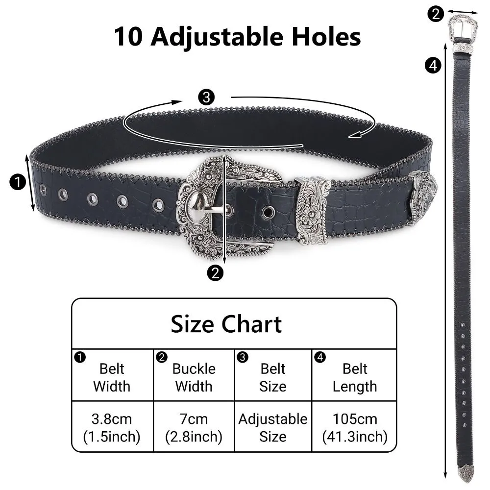 Vintage Buckle Belts for Women PU Leather Western Style Wide  display picture 1