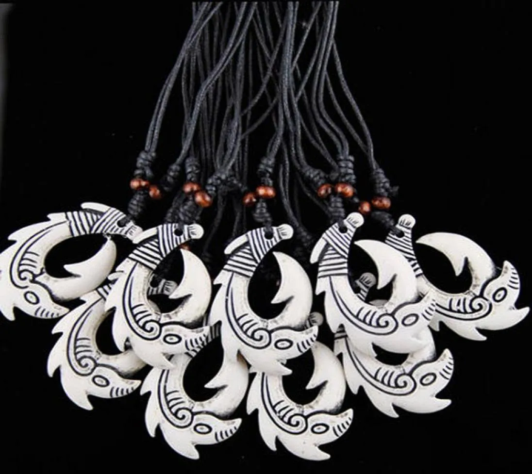 Fashion Whole 12PCSLOT Faux Yak Bone New Zealand Tribal Maori Hei Matau Fish Hook pendants Surfer Necklace Choker Gift MN5187969481