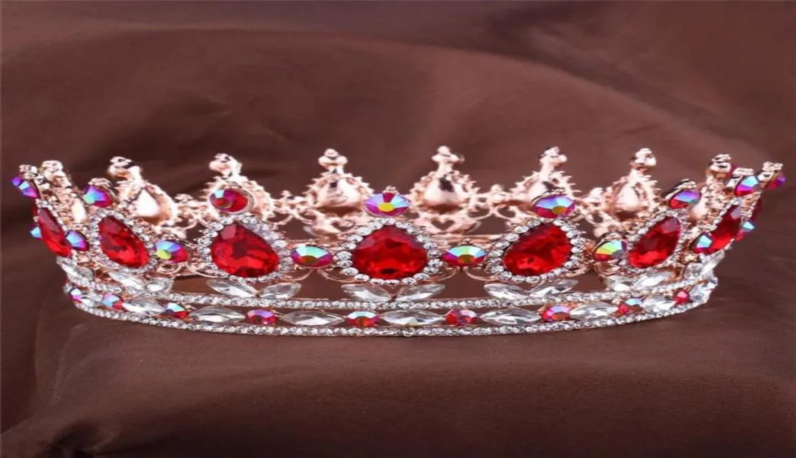 Europese ontwerpen Royal King Queen Crown Ruby traan Rhinestone Tiara Hair sieraden Quinceanera Crown Wedding Bruid Pageant Tiaras3501727