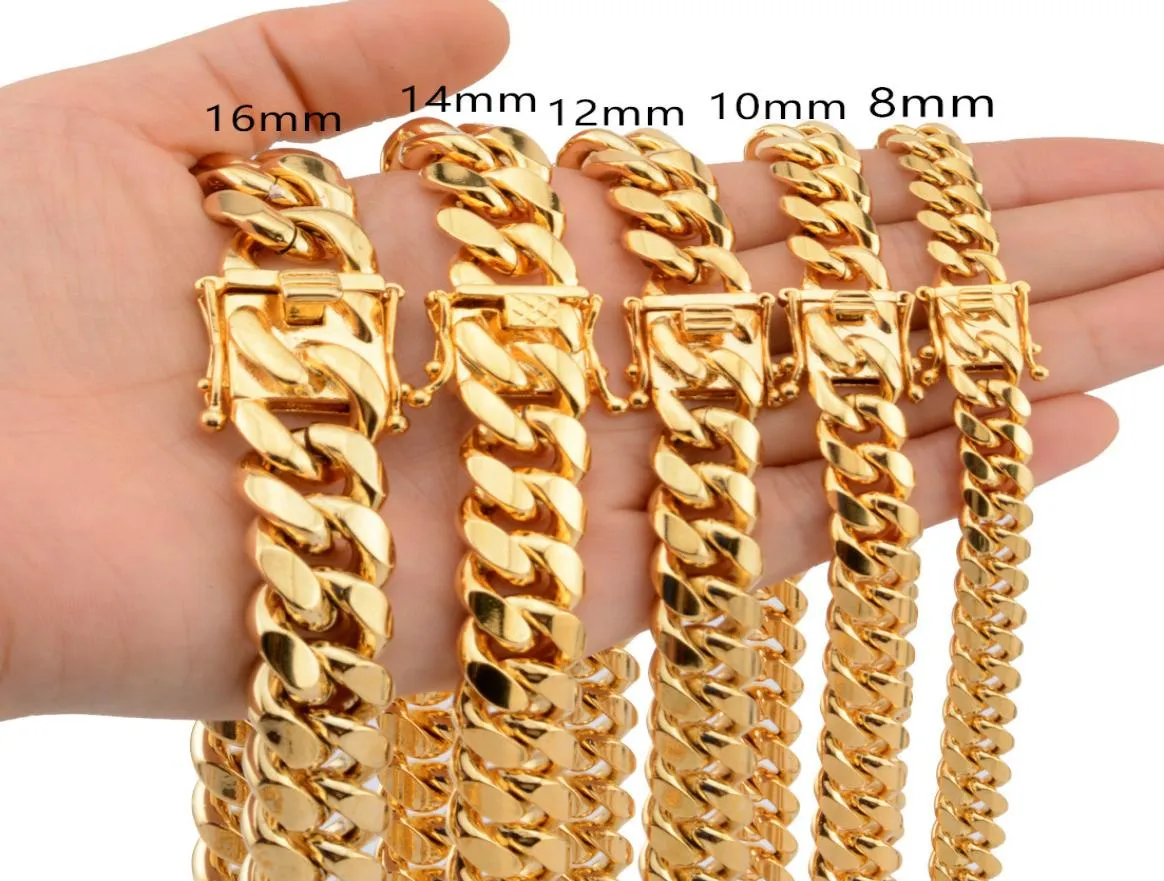8mm10mm12mm14mm16mm Miami Cuban Link Chains Stainless Steel Mens 14K Gold Chains High Polished Punk Curb Necklaces3681843