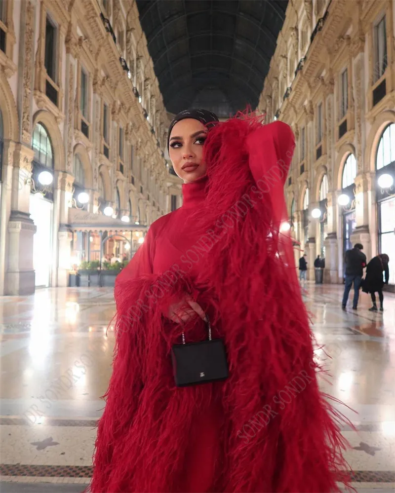 Sondr Elegant Red Feather Evening Dresses Saudi Arabic Women Jacke ärmar en linje formell parti prom klänningar 2023 vestido de noche