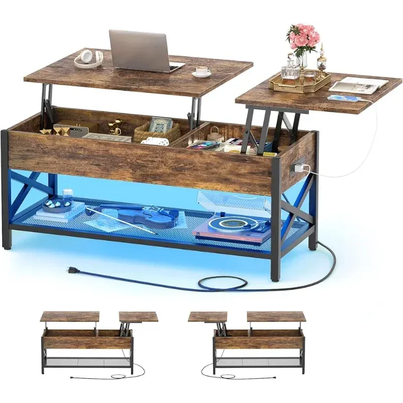 Mesa de café, mesa de café de elevação com armazenamento, tomada de luz LED e compartimento oculto, quadro de metal