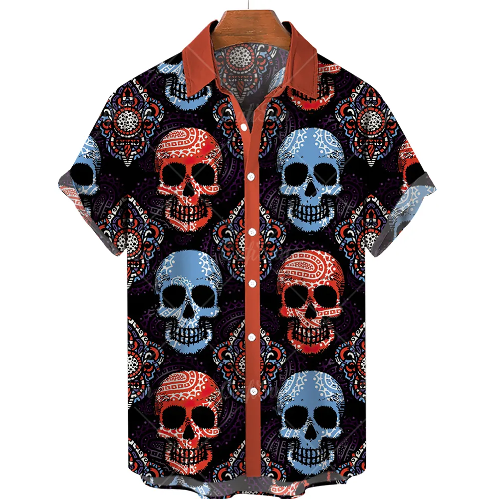 V.H.O Men's Funky Hawaiian Shirt - Short Sleeve Sugar Skull Print, Blue