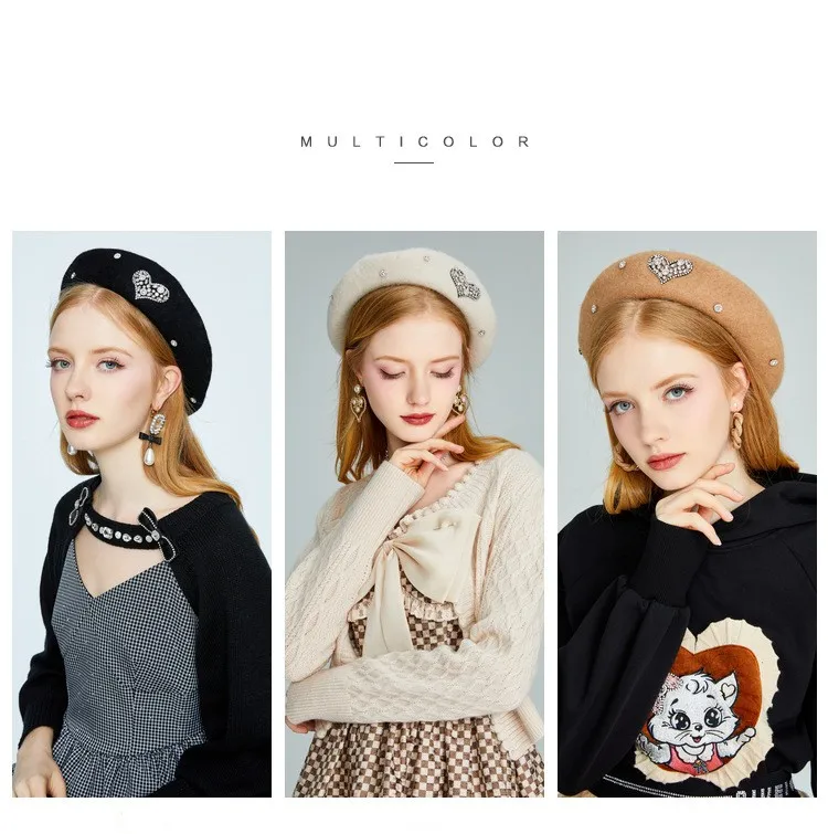 New Cream Heart Rhinestones woolen Beautiful casual British painters beret 2024 Winter Women Wool Beret Love Heart Rhinestone British  main image 2