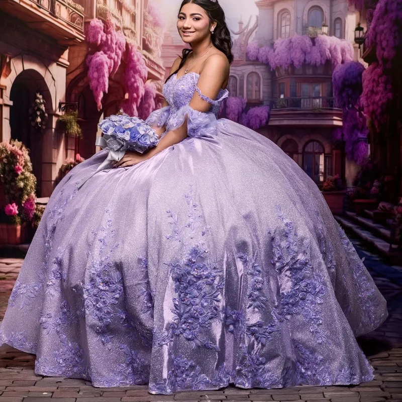 Lilas brillant princesse quinceanera robes paillettes en dentelle appliques perles de balle sweet 16 naissance de la fête de bal de bal vestido de 15 anos