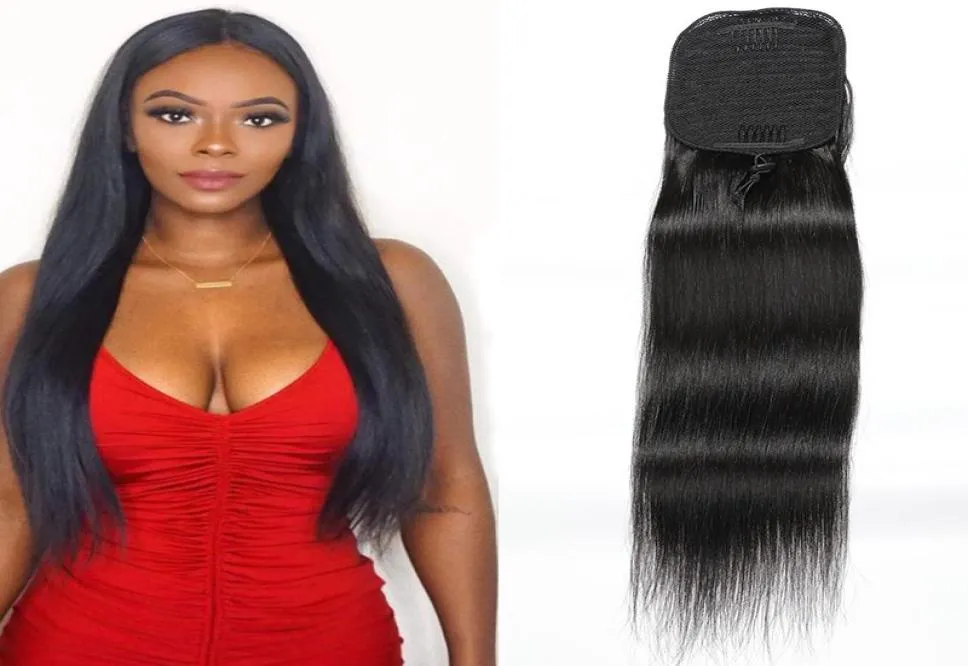 Indian 100 Human Hair Ponytails Extensões de cabelo de vison reto 100g Silky reta 824 polegadas rabos de cavalo naturais Black9234176