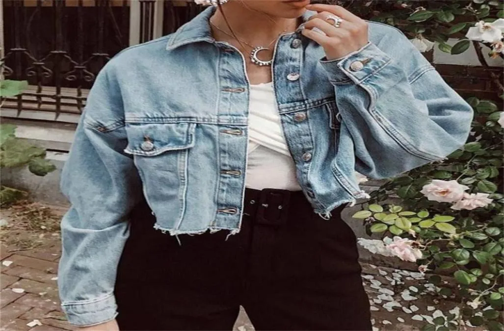 Spring Autumn Denim Women Long Sleeve Boyfriend Style Casual Be Jean Jacket Lady Vintage Button Crop Top Coat Y2010121823390