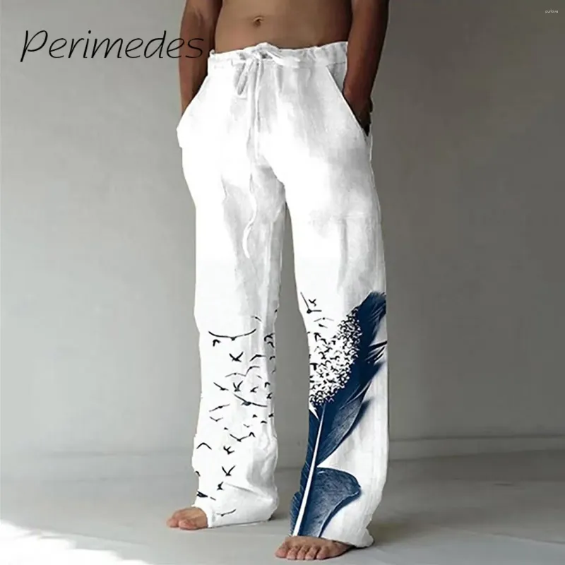 Men's Pants Casual Loose Comfortable 2024 Cotton Linen Summer Trousers Printed Drawstring Fashion Pantalones