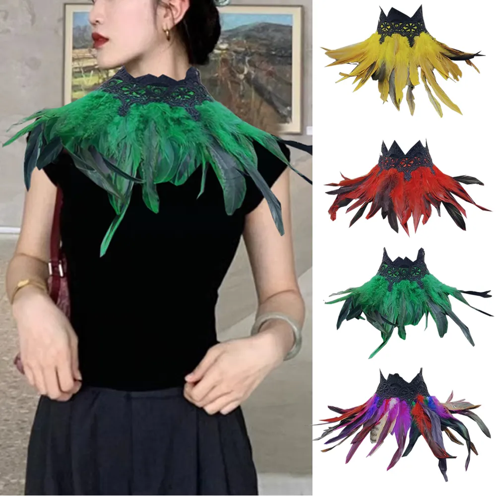 Feather nep kraag punk gotische ketting Halloween feest cosplay kostuum accessoire accessoire natuurlijke veer met kanten cape sjaal sjaals