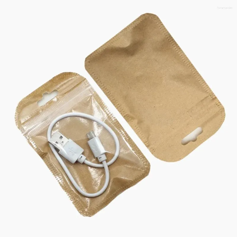 Storage Bags 7x11cm Clear Brown Kraft Paper Package Bag With Hang Hole Grocery Electronics Pouches DIY Crafts Packaging