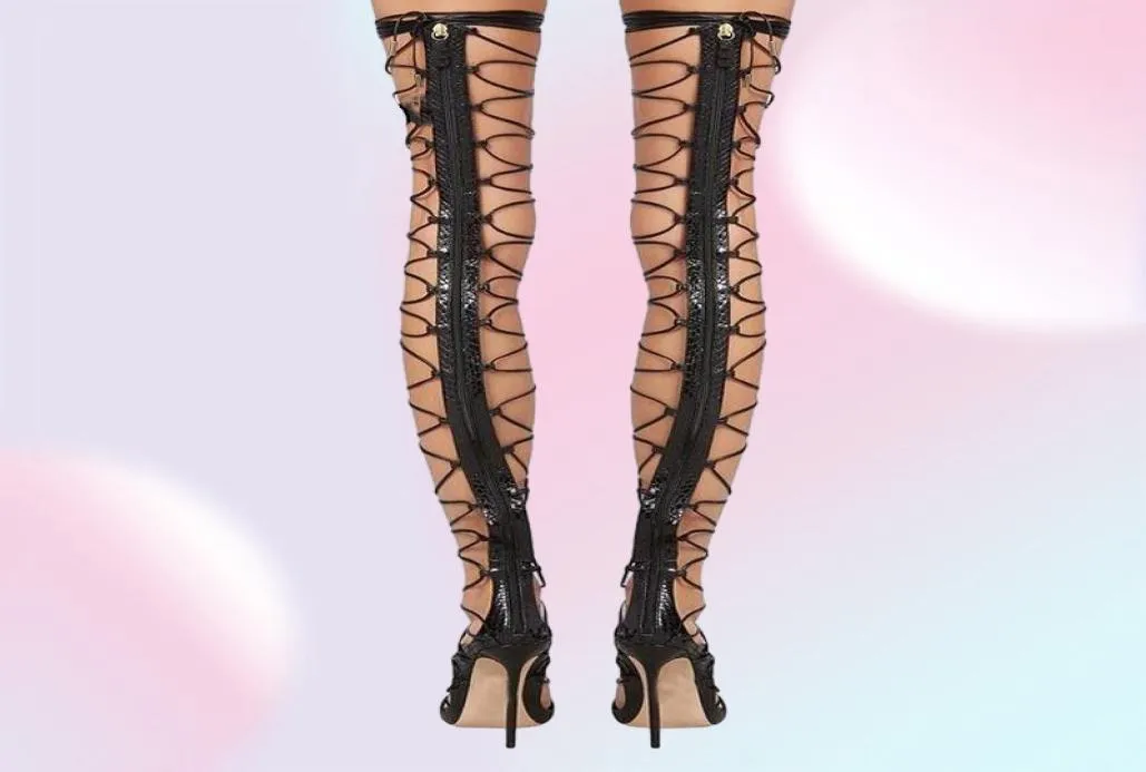 Women Thigh High Heels Summer Boots Sexy Hollow Out Over The Knee Sandals Lace Up Strappy Stiletto Party Show Pumps5999614