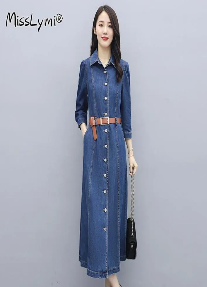 Elegant blå jeanklänning för damer Autumn 2021 Fashion Turndown Collar Puff Sleeve SingleBreasted Denim Shirt Long Dresses Casua8520949