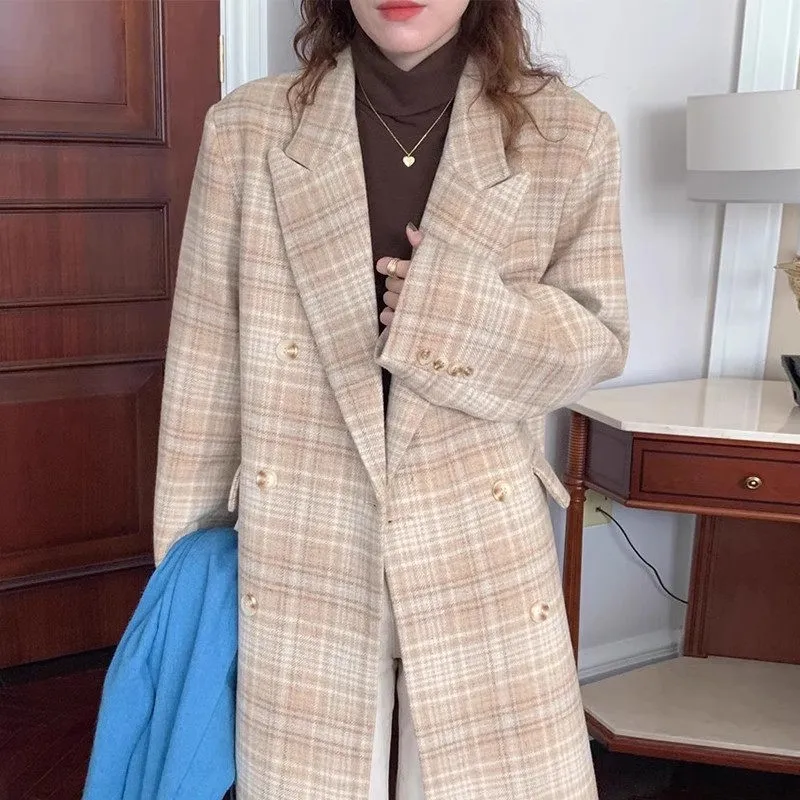 Z3584 Womens Woolen Coat Double Breasted Vintage Plaid Windbreaker