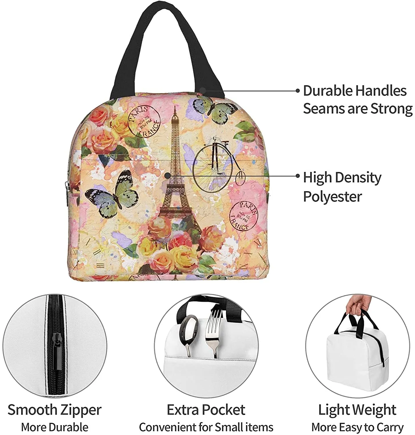 Paris Eiffel Tower Tower Butterfly and Flowers Lunch Borse Compact Bag Contenitore riutilizzabile per il pranzo per le donne Office School Office Work