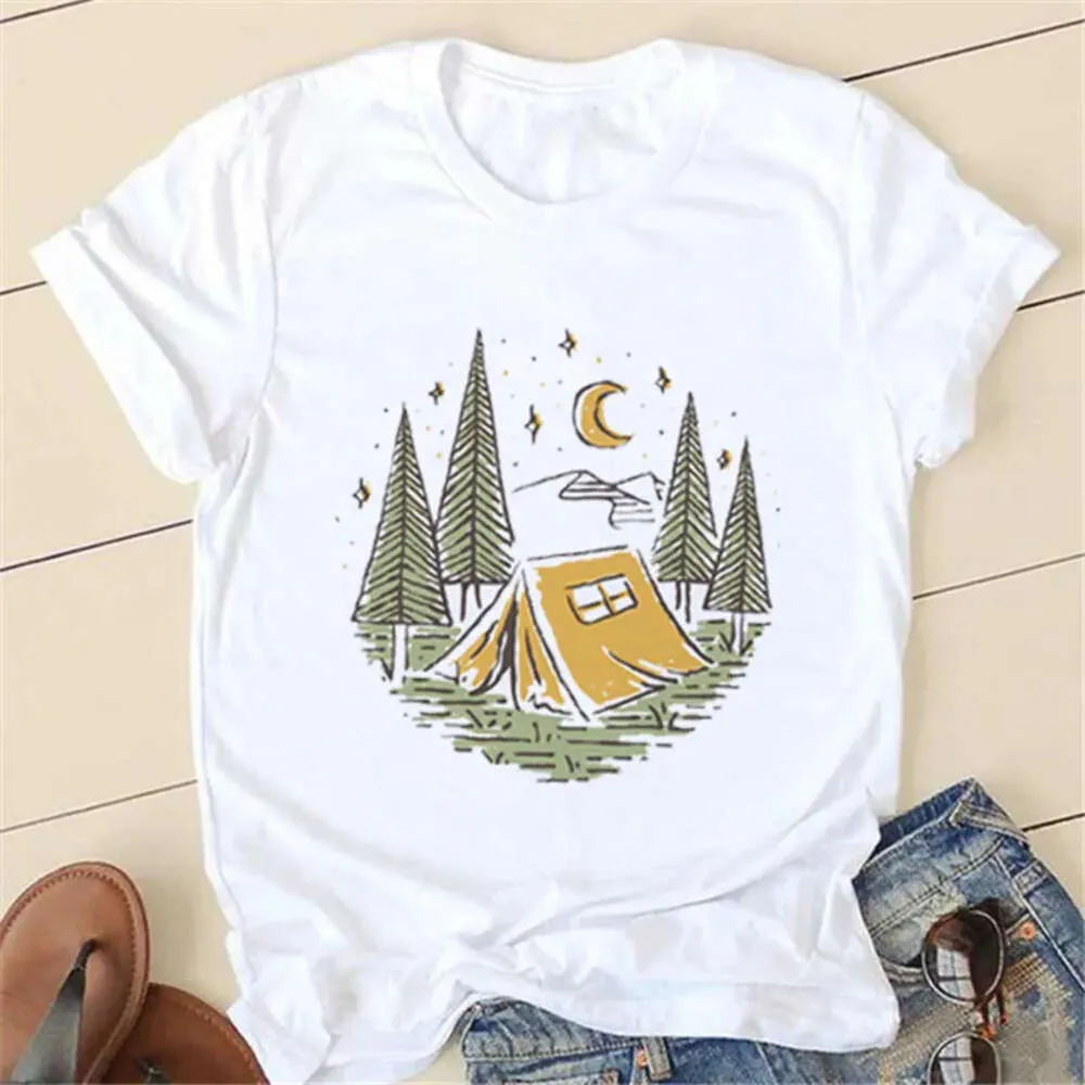 Designer Designerwomen's T-shirt 2024 Nouveau t-shirt de camping printemps / été avec t-shirt de voyage à imprimé de voyage